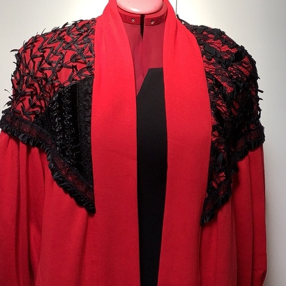 Vintage Sachi New York Long Red Black Lace Open Front Duster Robe Jacket O/S - Picture 2 of 11